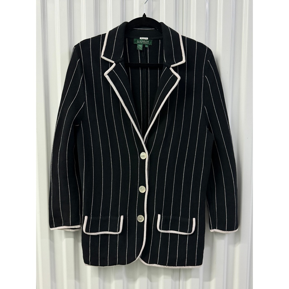 Lauren Ralph Lauren Knit Blazer Womens L Black Excellent Pinstripe Piping 1006